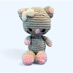 No Brand Crochet Gray and Pink Kitty Cat